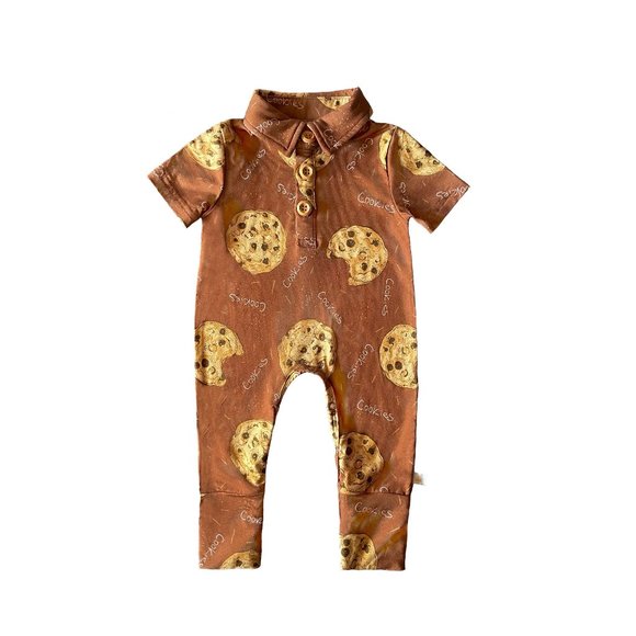 Royal Babies & Tots Choco Chip Cookie Short Sleeve Collared Bamboo Romper - Picture 1 of 1